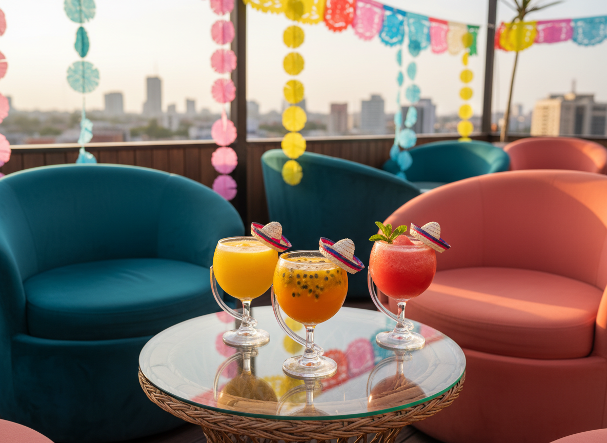 A whimsical arrangement of round, brightly colored tropical fruit cocktails—mango, passionfruit, and watermelon—served in playful curved glasses with miniature Colombian hats as garnishes. The drinks are grouped on a glass-topped low table surrounded by plush, rounded lounge seating upholstered in teal and coral. Overhead, vibrant paper garlands flutter in the breeze on the open-air rooftop with hints of the city skyline in the background. Soft afternoon sunlight infuses the scene with lively reflections and vivid hues, creating an upbeat, festive, and inviting mood. Composed from a bird’s eye view, the photograph emphasizes roundness and color, reinforcing the playful gastrobar atmosphere.