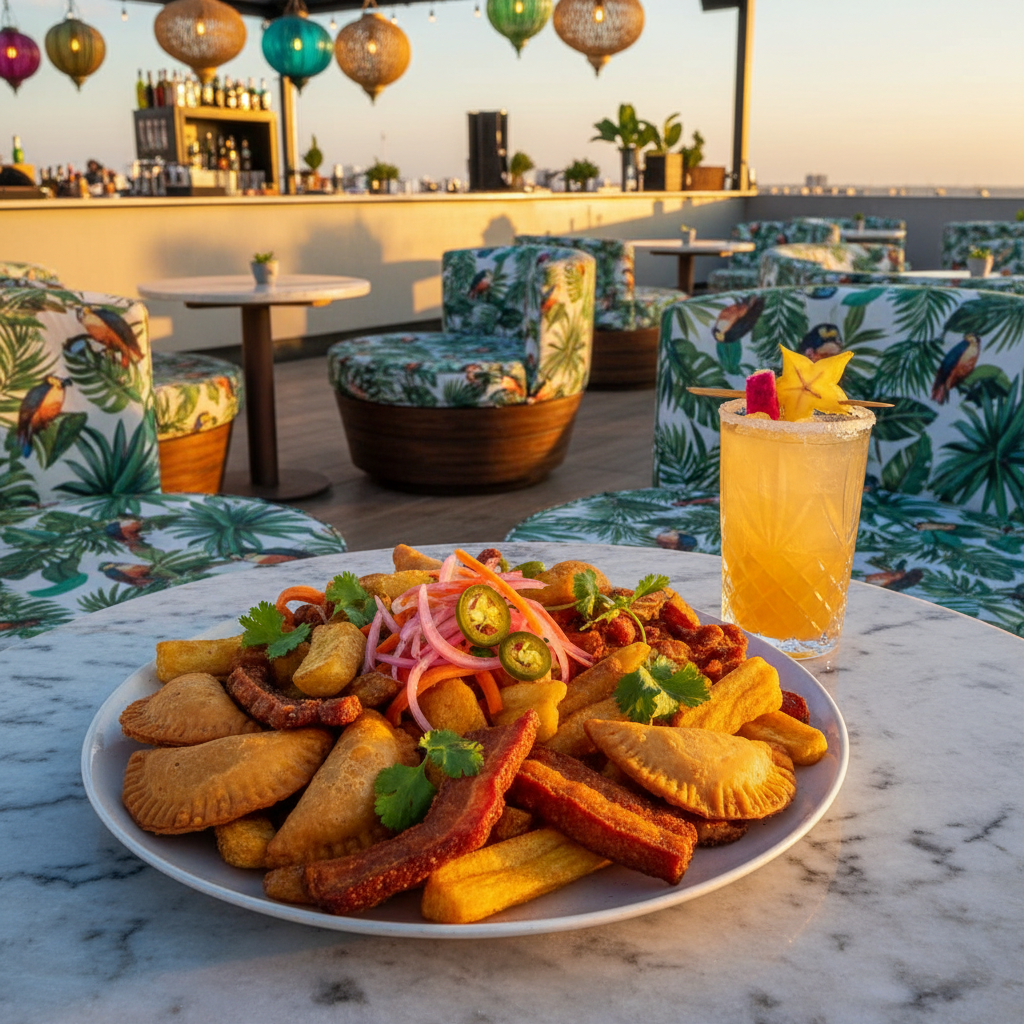 A glossy ceramic plate overflowing with colorful Colombian Caribbean snacks—golden empanadas, chicharrón strips, and yucca fries—garnished with vibrant pickled vegetables and fresh cilantro. The plate sits at the center of a polished, round stone table beside a sparkling cocktail glass rimmed with sugar and containing a fruit garnish. The setting is an outdoor rooftop bar featuring rounded lounge chairs with tropical print pillows and whimsical overhead lanterns. Warm golden hour sunlight creates a glowing, festive mood with soft shadows and lively sparkle on the glass. Photographed from an elevated angle with vibrant color saturation and crisp details, emphasizing a playful, social dining experience. Photographic style captures the warmth and energy of a Colombian gastrobar.