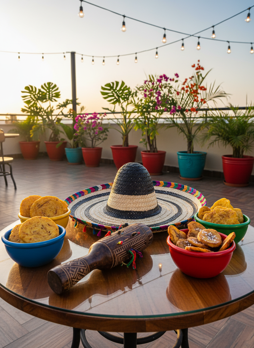 A vibrant hand-carved wooden guacharaca and colorful woven sombrero vueltiao resting on a round glossy wooden table, surrounded by small decorative bowls filled with fried arepas and fresh patacones. The table is set on a rooftop terrace lined with playful string lights and potted tropical plants in vivid red and turquoise containers. Late afternoon sunlight bathes the scene, casting lively, elongated shadows and adding a cheerful glow to the saturated colors. The composition is eye-level and uses strong depth of field, creating an energetic, whimsical, and festive mood aligned with a playful vallenato lounge bar. The aesthetic is photographic realism with bright colors and rounded forms, matching the upbeat, parrandero atmosphere described.